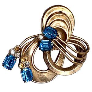 Vintage Fashion Pin Gold Tone Blue Faceted Glass Stones Rhinestones Retro Brooch